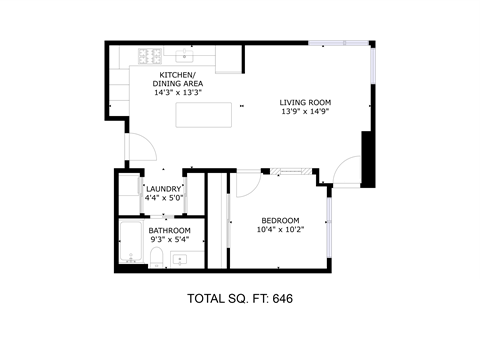 Floor plan for 1 bed, 1 bath, 646 sqft